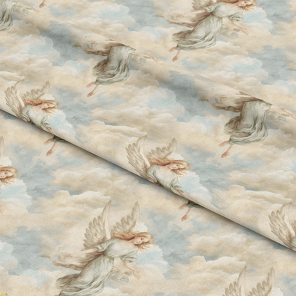 - Vintage Angels in Heavenly Skies Pattern 8 Quilting Cotton Fabric  
- Soft cream, beige, pale blue  
- Angel motifs, delicate clouds  
- Heavenly, serene, elegant  
- Cotton textile, quilting material  
- Ethereal, vintage-inspired design  
- Light, airy, peaceful atmosphere