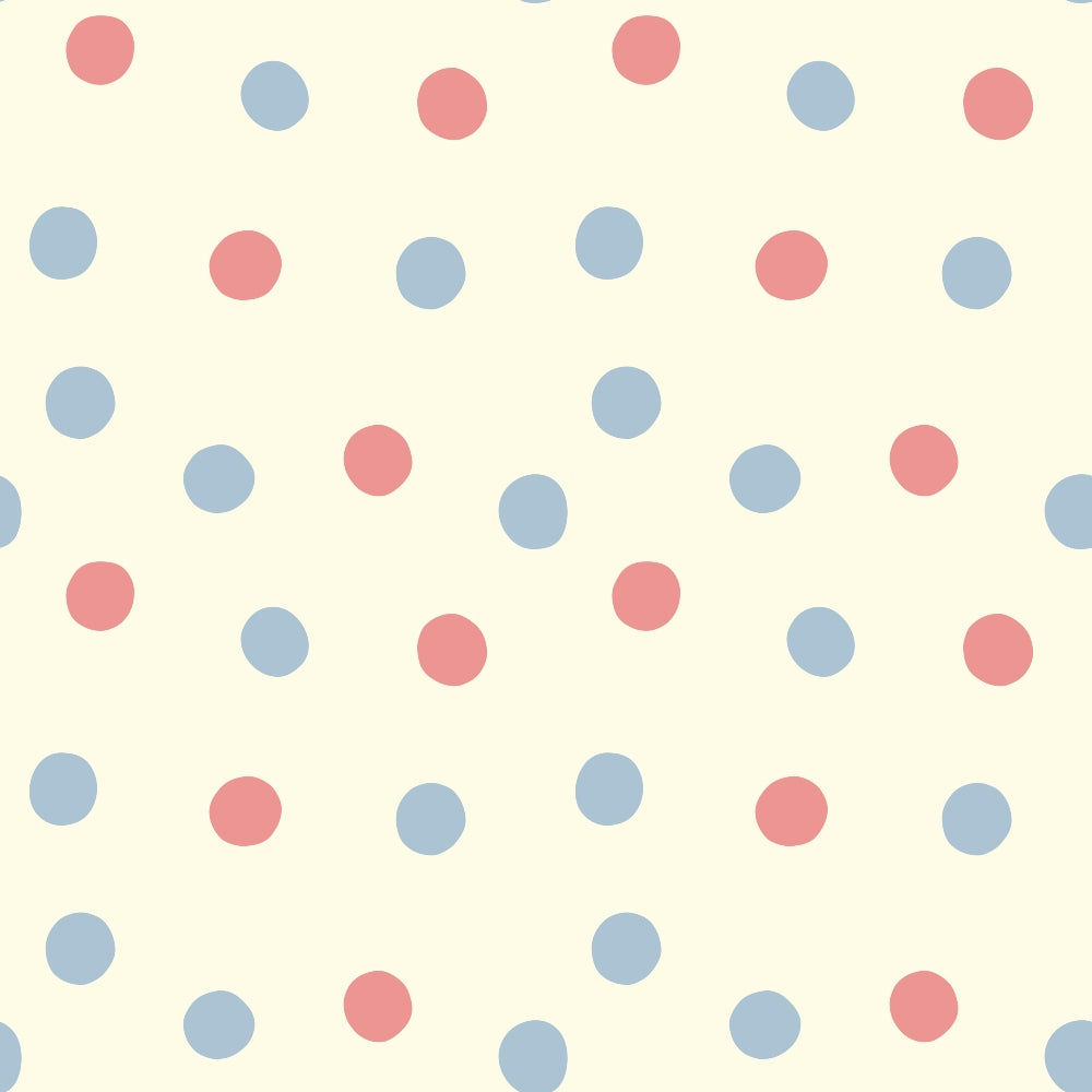 cream background, coral pink dots, dusty blue dots, scattered polka dots, random dot pattern, quilting cotton, fabric panel, vintage style, soft pastels, gentle colors, heavenly theme, angel motifs, sweet design, nursery fabric, quilting material, cotton fabric, dotted pattern, muted tones, celestial theme, whimsical dots