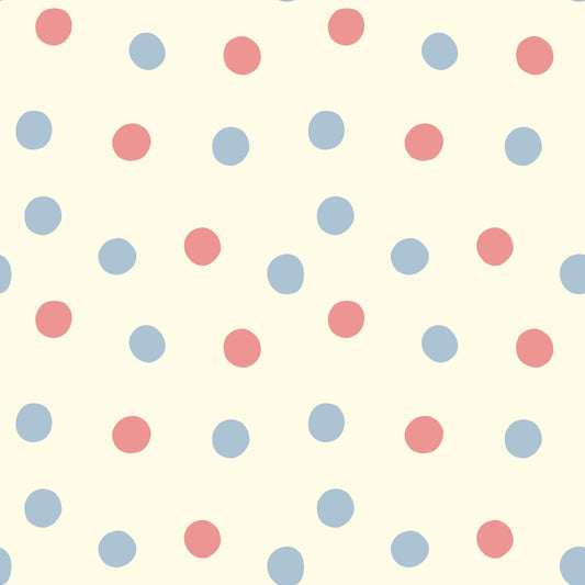 A seamless pattern of evenly spaced pink and blue polka dots on a pale cream background. The dots are arranged in alternating rows, creating a regular, repeating design.