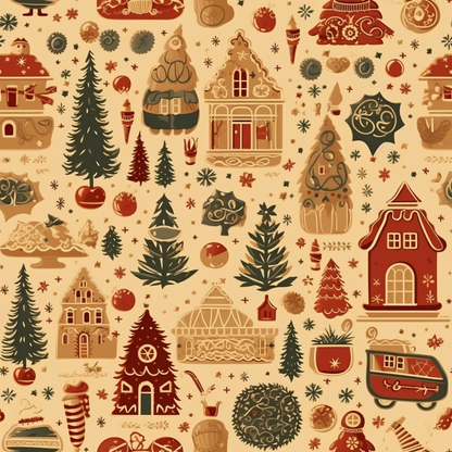 Pattern of illustrated gingerbread houses, trees, and holiday decorations on a beige background.