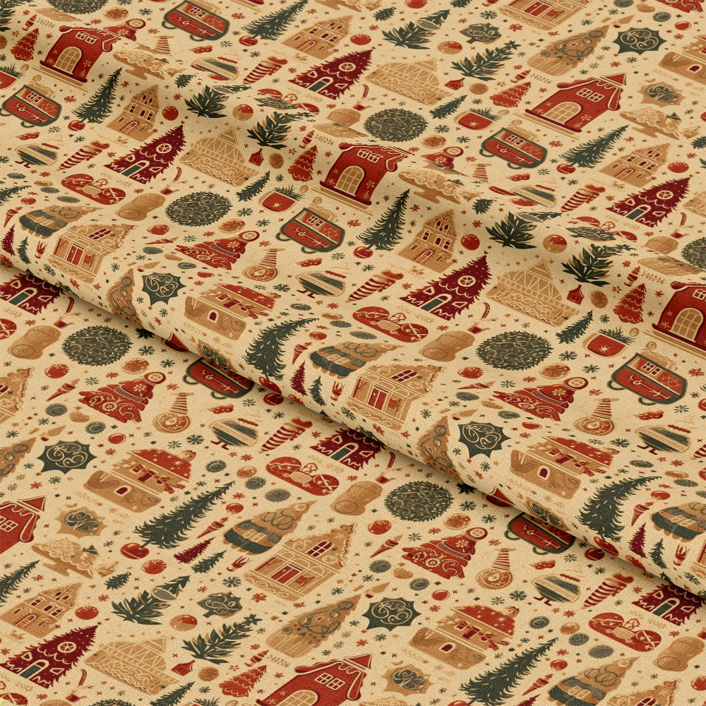 - Vintage Christmas Pattern 13 Quilting Cotton Fabric  
- Holiday fabric  
- Beige background  
- Red and green accents  
- Christmas trees  
- Gingerbread houses  
- Candy canes  
- Ornaments  
- Quilting fabric  
- Cotton textile  
- Festive design  
- Seasonal print  
- Craft material