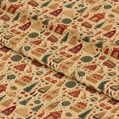 - Vintage Christmas Pattern 13 Quilting Cotton Fabric  
- Holiday fabric  
- Beige background  
- Red and green accents  
- Christmas trees  
- Gingerbread houses  
- Candy canes  
- Ornaments  
- Quilting fabric  
- Cotton textile  
- Festive design  
- Seasonal print  
- Craft material