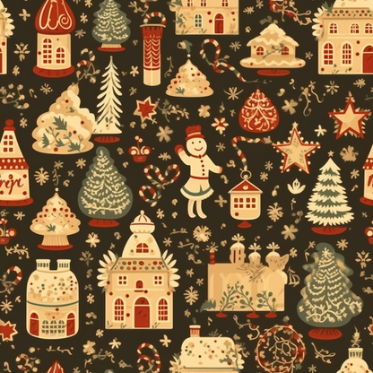 Festive winter pattern featuring gingerbread houses, snowmen, trees, candy canes, stars, and ornaments on a dark background.