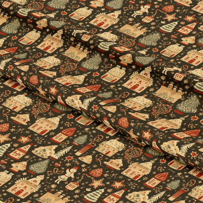 - Vintage Christmas Pattern 14 Quilting Cotton Fabric  
- festive holiday fabric  
- quaint houses  
- Christmas trees  
- snowmen  
- stars  
- wreaths  
- red, green, beige, cream colors  
- cozy seasonal cotton  
- quilting fabric  
- traditional holiday motifs