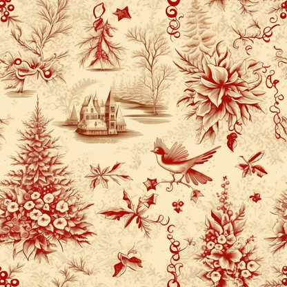 Vintage-style pattern with red illustrations of a castle, trees, flowers, and a bird on a beige background.