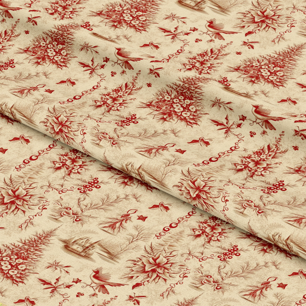 - Vintage Christmas Pattern 15 Quilting Cotton Fabric  
- Red and cream colors  
- Holiday motifs  
- Christmas trees  
- Poinsettias  
- Birds  
- Floral designs  
- Quilting material  
- Soft cotton fabric  
- Traditional festive print