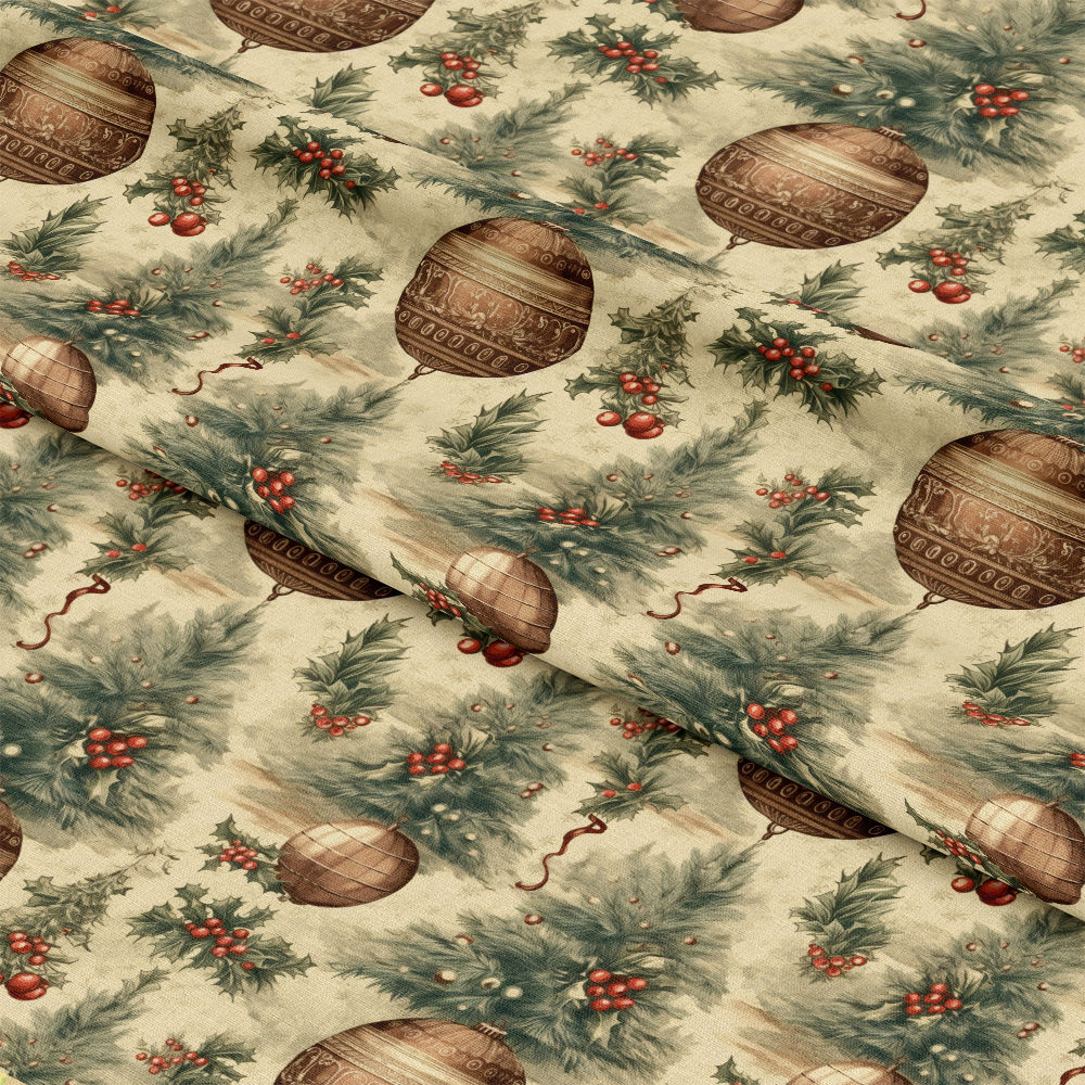 - Vintage Christmas Pattern 1 Quilting Cotton Fabric
- Holiday fabric, festive design
- Brown ornaments, pine branches
- Red berries, green foliage
- Traditional Christmas colors
- Quilting cotton textile
- Natural beige background
- Seasonal crafting material