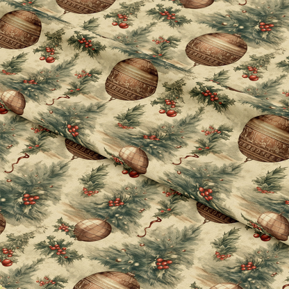 - Vintage Christmas Pattern 1 Quilting Cotton Fabric
- Holiday fabric, festive design
- Brown ornaments, pine branches
- Red berries, green foliage
- Traditional Christmas colors
- Quilting cotton textile
- Natural beige background
- Seasonal crafting material