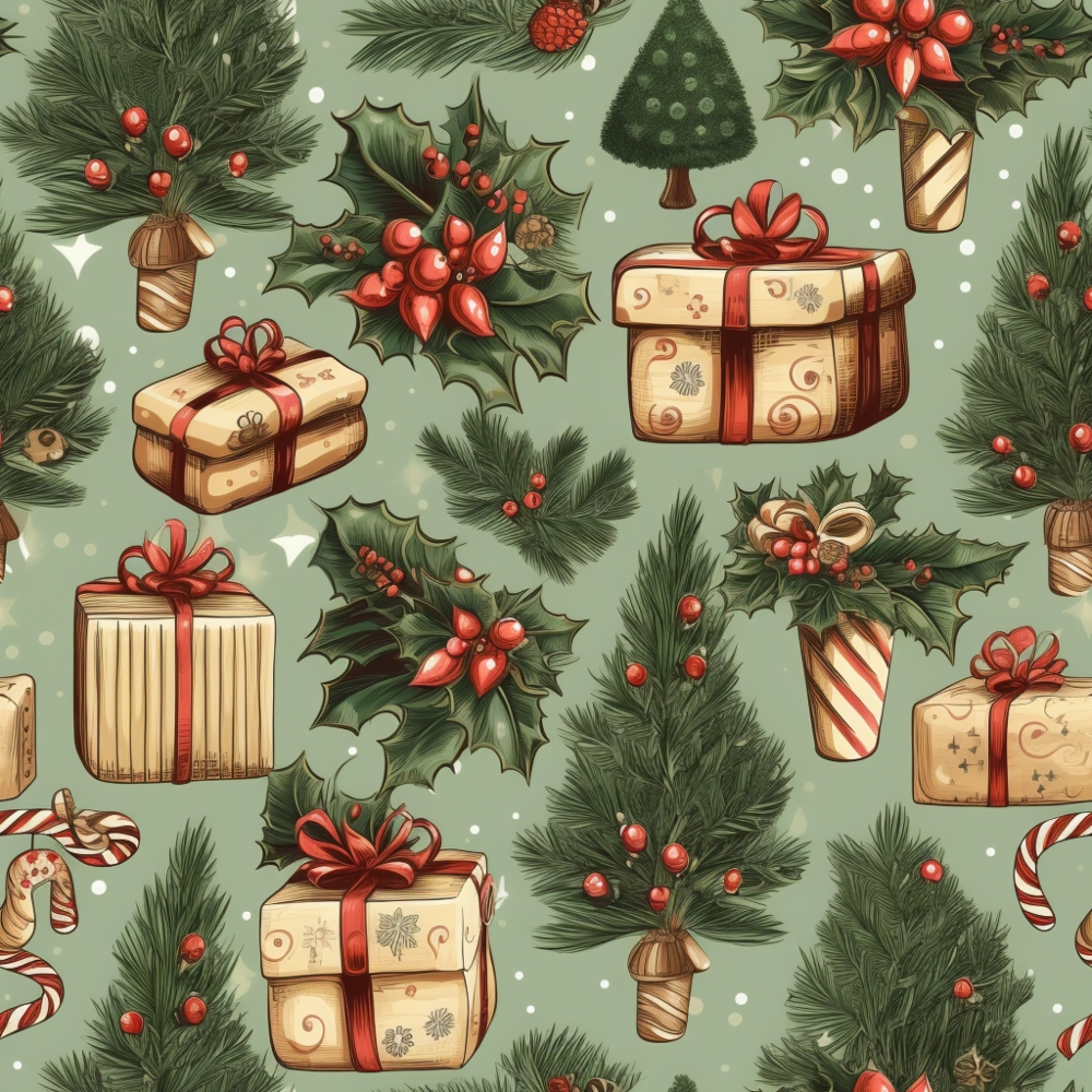 Festive pattern with wrapped gifts, holly, pine branches, and candy canes on a green background.