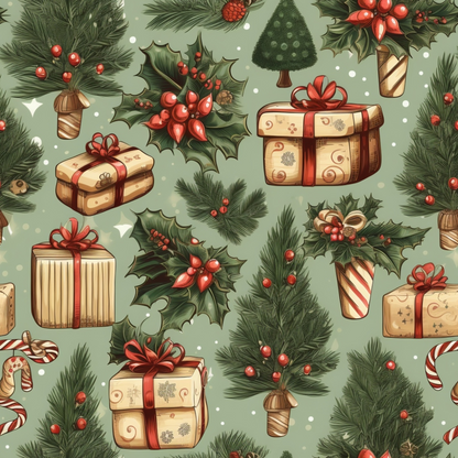 Festive pattern with wrapped gifts, holly, pine branches, and candy canes on a green background.