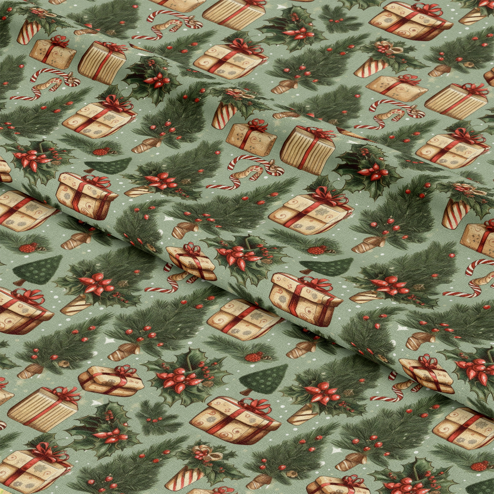 - Vintage Christmas Pattern 5 Quilting Cotton Fabric  
- Cotton textile  
- Quilting material  
- Holiday gifts design  
- Wrapped present illustrations  
- Candy cane motifs  
- Evergreen branches  
- Holly leaves and red berries  
- Festive green background  
- Traditional Christmas style  
- Decorative sewing fabric