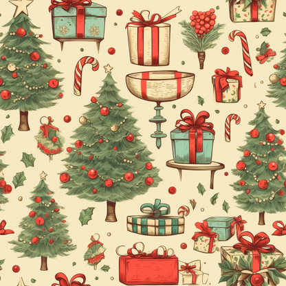Illustrated festive pattern featuring decorated Christmas trees, wrapped gifts, candy canes, holly leaves, and ornaments on a light background.