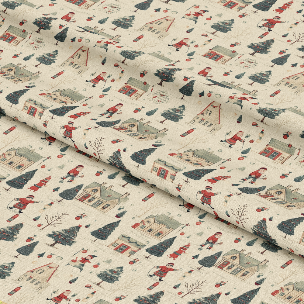 - Vintage Christmas Pattern 7 Quilting Cotton Fabric  
- Beige background  
- Red Santa Claus figures  
- Green pine trees  
- Brown houses  
- Holiday motifs  
- Quilting fabric  
- Cotton textile  
- Festive seasonal design  
- Classic Christmas print  
- Sewing material