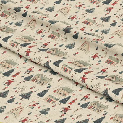 - Vintage Christmas Pattern 7 Quilting Cotton Fabric  
- Beige background  
- Red Santa Claus figures  
- Green pine trees  
- Brown houses  
- Holiday motifs  
- Quilting fabric  
- Cotton textile  
- Festive seasonal design  
- Classic Christmas print  
- Sewing material