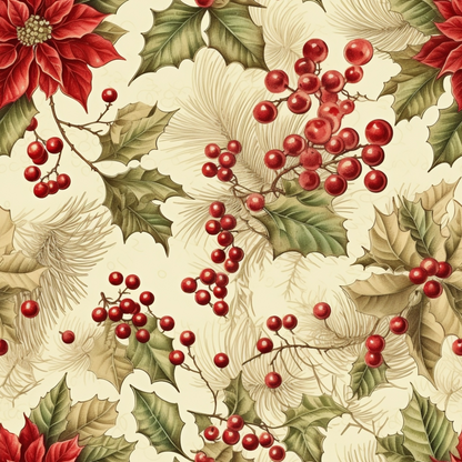 Festive pattern featuring red berries, holly leaves, and poinsettias on a beige background.