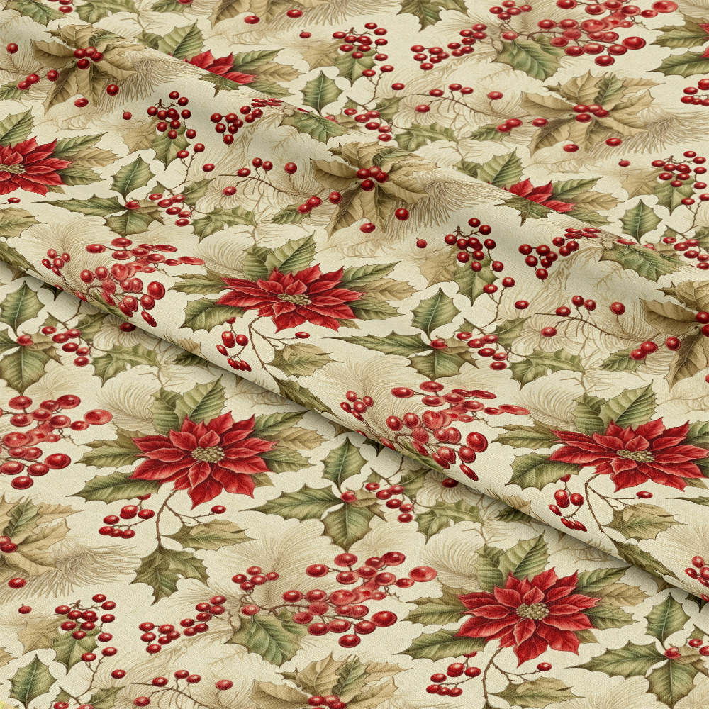 - Vintage Christmas Pattern 9 Quilting Cotton Fabric  
- Holiday fabric  
- Red poinsettia  
- Green holly leaves  
- Red berries  
- Cream beige background  
- Traditional Christmas design  
- Quilting cotton  
- Festive seasonal textile