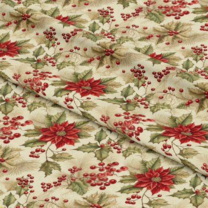 - Vintage Christmas Pattern 9 Quilting Cotton Fabric  
- Holiday fabric  
- Red poinsettia  
- Green holly leaves  
- Red berries  
- Cream beige background  
- Traditional Christmas design  
- Quilting cotton  
- Festive seasonal textile