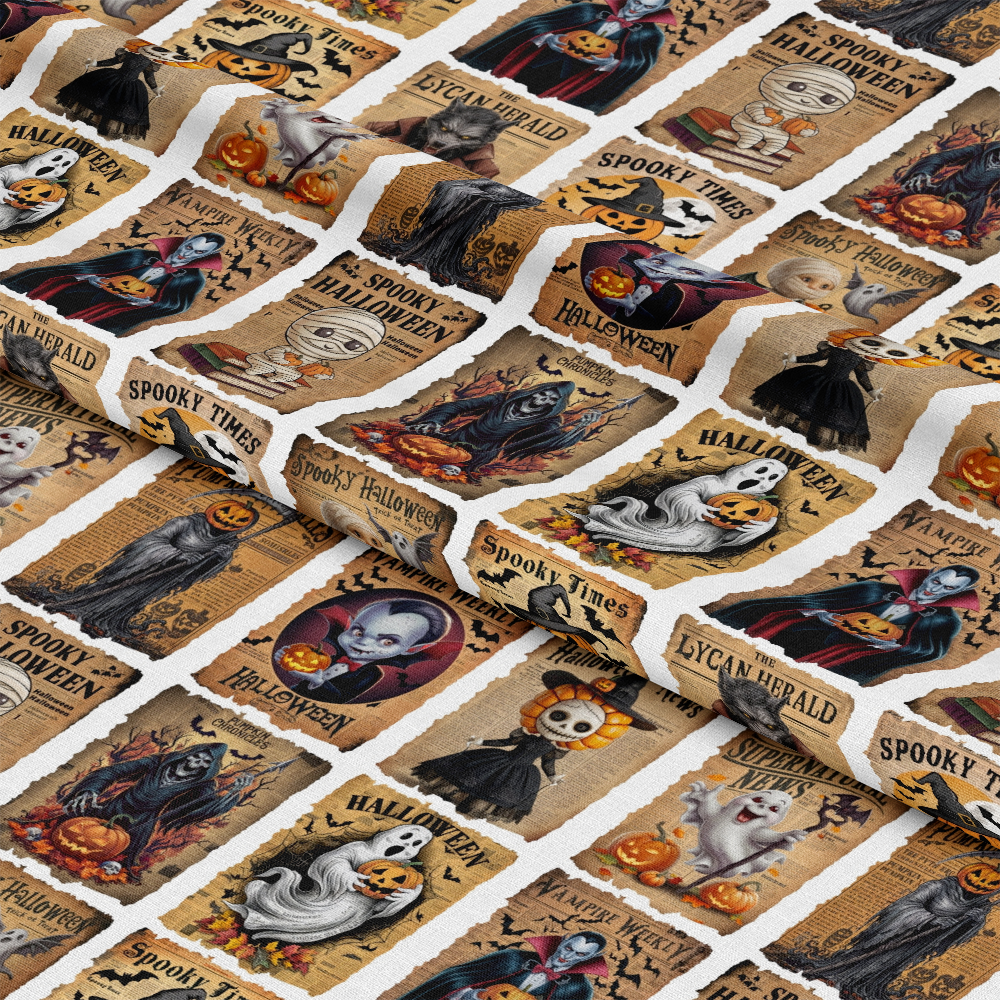 - Vintage Halloween Newspaper Quilting Cotton Fabric  
- Halloween themed fabric  
- Orange, black, cream, and brown colors  
- Newspaper print design  
- Halloween icons: pumpkins, ghosts, witches, vampires, mummies  
- Cotton fabric for quilting  
- Spooky, retro, vintage style  
- Seasonal decorative fabric  
- Textile with Halloween illustrations  
- Crafting fabric suitable for costumes or home decor