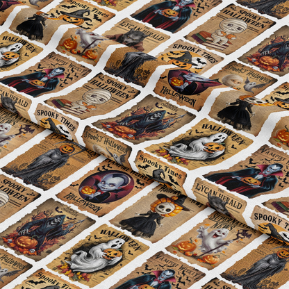 - Vintage Halloween Newspaper Quilting Cotton Fabric  
- Halloween themed fabric  
- Orange, black, cream, and brown colors  
- Newspaper print design  
- Halloween icons: pumpkins, ghosts, witches, vampires, mummies  
- Cotton fabric for quilting  
- Spooky, retro, vintage style  
- Seasonal decorative fabric  
- Textile with Halloween illustrations  
- Crafting fabric suitable for costumes or home decor