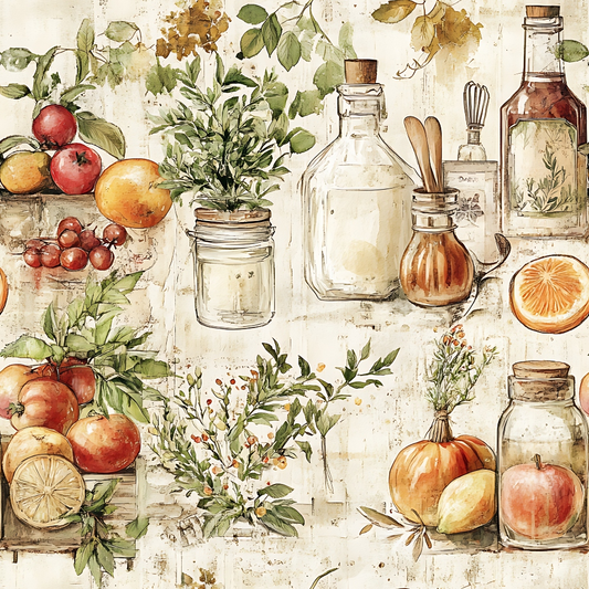 Watercolor illustration of assorted fruits, herbs, and various jars and bottles arranged on a light textured background.