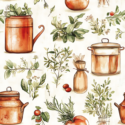 Vintage-style illustration of various kitchen herbs, potted plants, tomatoes, and rustic cooking pots on a light background.