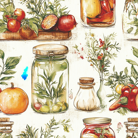 Illustrated patterns of preserved jars, herbs, and vegetables like pumpkins, oranges, and peppers on a light background.