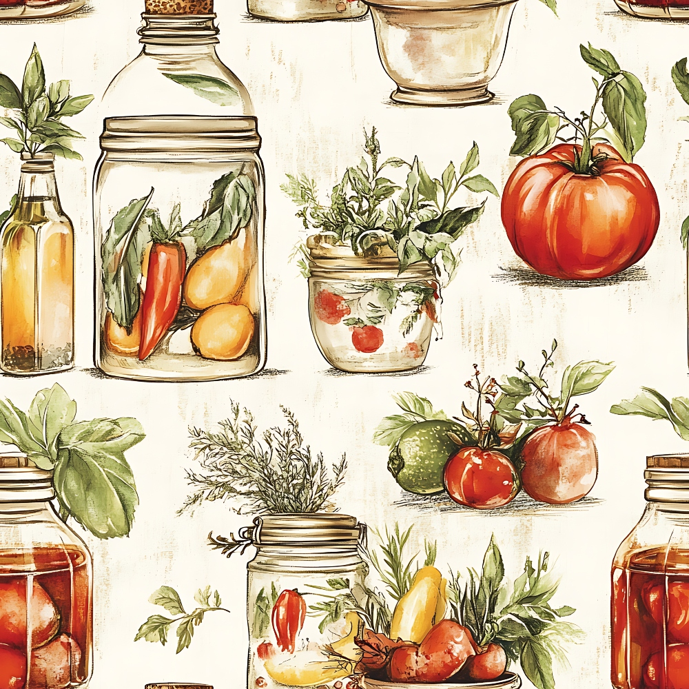 Illustrated jars of preserved vegetables and herbs, large tomato, and peppers arranged on a light background.