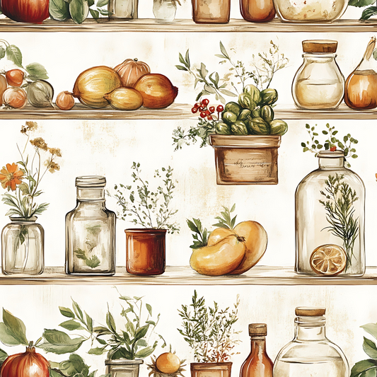 Illustrated shelves filled with various bottles, jars, plants, and fruits, including pumpkins, oranges, and greenery, organized neatly in a rustic style.