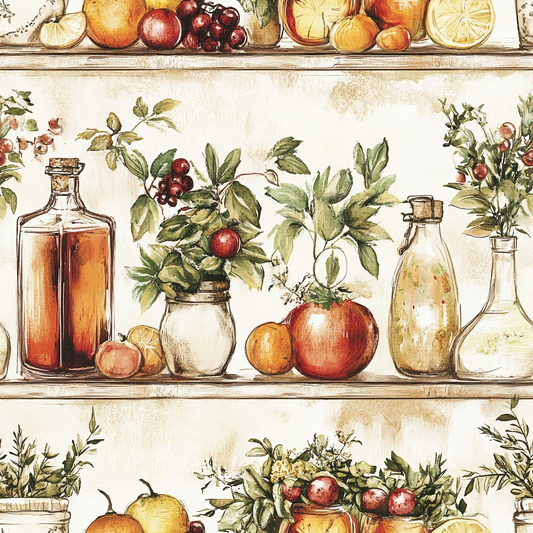 Illustration of shelves with various fruits, plants, and bottled liquids. Includes tomatoes, lemons, pears, and leafy greens alongside jars and bottles.