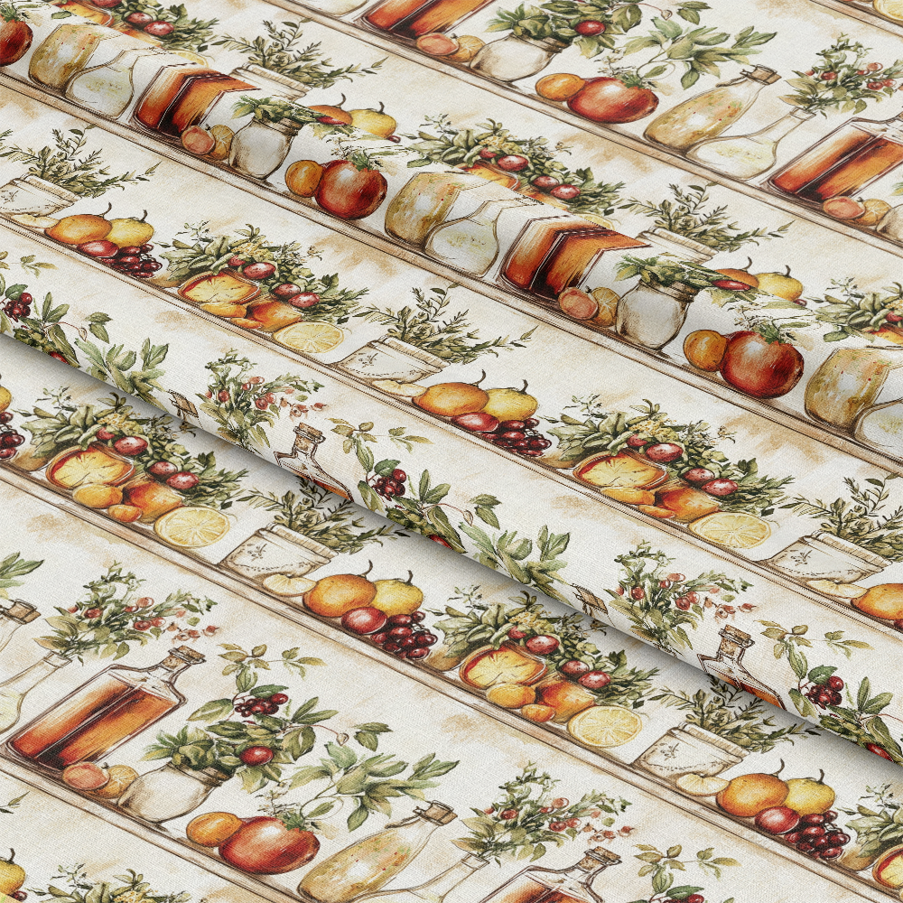 - Vintage Kitchen Ingredients Pattern 4 Quilting Cotton Fabric  
- Rustic cooking herbs  
- Bottles of oil vinegar  
- Fresh fruit illustrations  
- Warm earthy tones  
- Natural beige background  
- Quilting fabric textile  
- Fruit and herb motif  
- Classic country kitchen style  
- Soft cotton material  
- Hand-drawn kitchen elements  
- Decorative culinary fabric