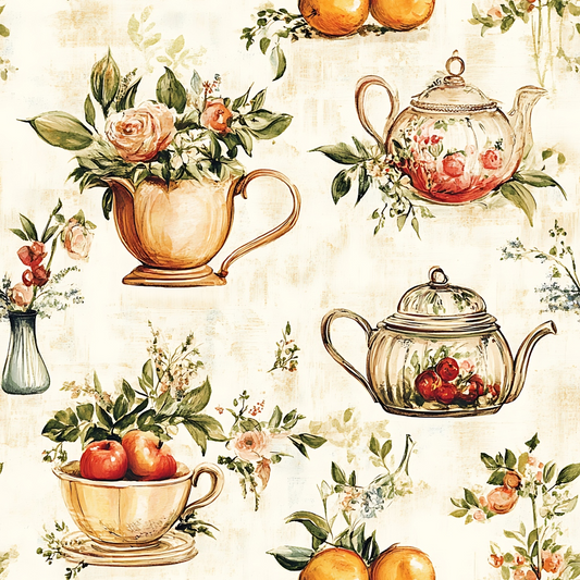 Vintage floral tea set pattern with teapots, cups, flowers, and fruit in warm tones on a light background.