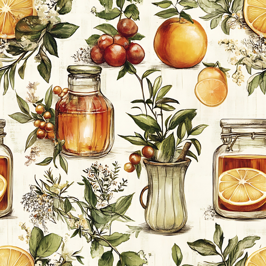 Illustration of jars of honey, oranges, and greenery arranged decoratively on a light background.