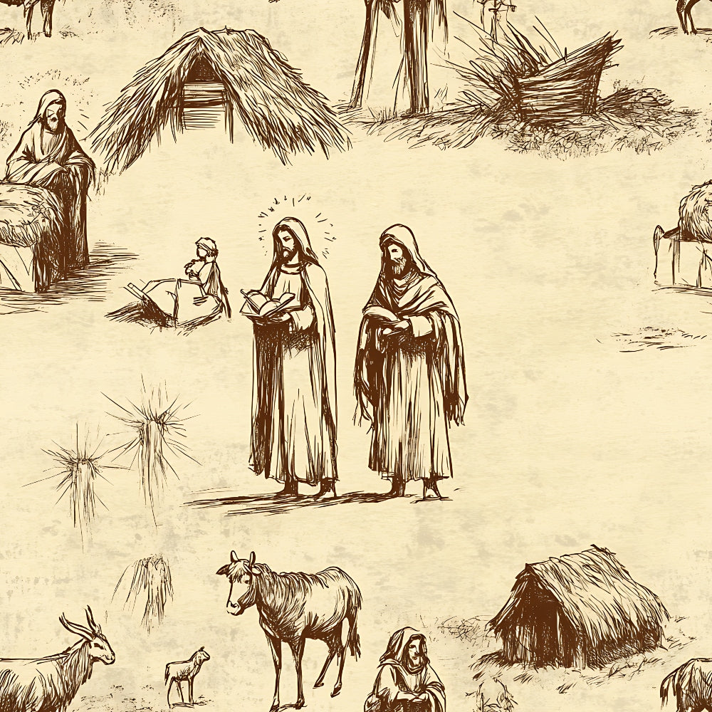 Vintage-style drawing depicting biblical scenes with figures, huts, animals, and nature elements. Two central figures stand with halos, holding books, surrounded by pastoral imagery.