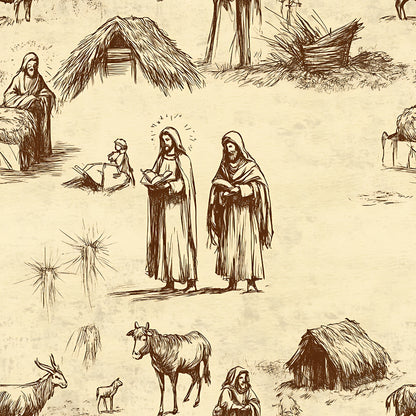 Vintage-style drawing depicting biblical scenes with figures, huts, animals, and nature elements. Two central figures stand with halos, holding books, surrounded by pastoral imagery.