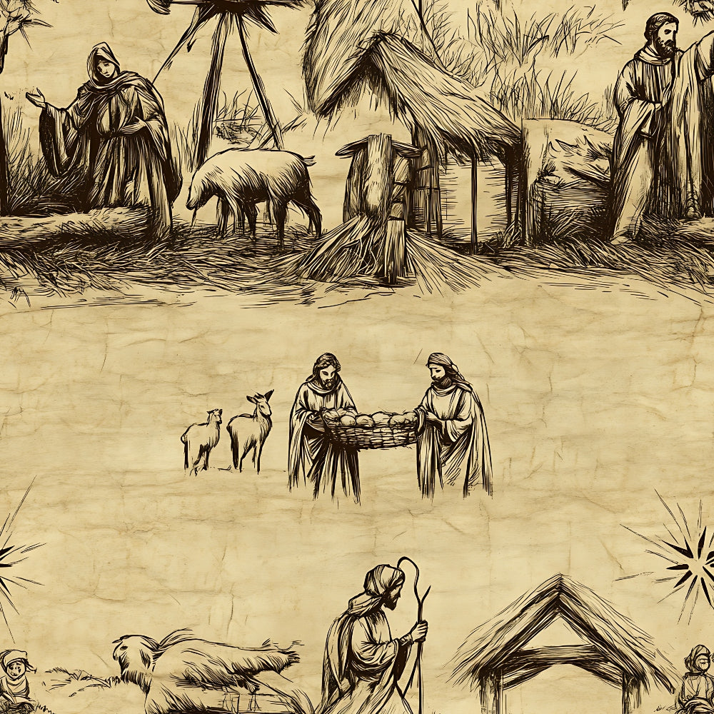 Vintage sketch depicting a nativity scene with shepherds, sheep, a manger, and figures resembling the Holy Family.