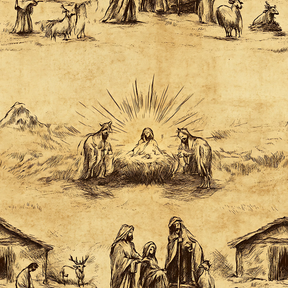 A detailed drawing depicts the Nativity scene with baby Jesus in a manger, surrounded by Mary, Joseph, animals, shepherds, and the Magi, on a parchment-like background.