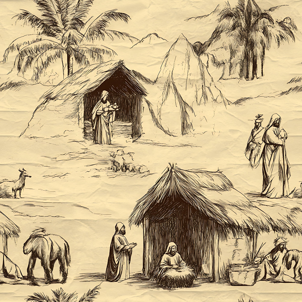 Vintage-style drawing depicting biblical scenes with figures in robes near huts, a donkey, a goat, trees, and mountains in the background.