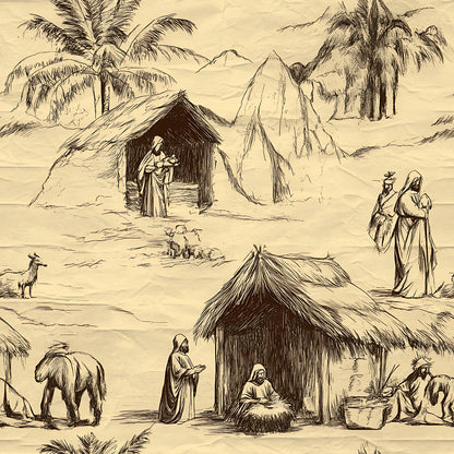 Vintage-style drawing depicting biblical scenes with figures in robes near huts, a donkey, a goat, trees, and mountains in the background.