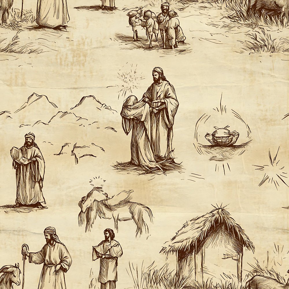 A detailed illustration depicts biblical scenes: a man and woman embracing, people walking, birds flying, an animal being led, a glowing jar, and a hut, all sketched on a textured background.