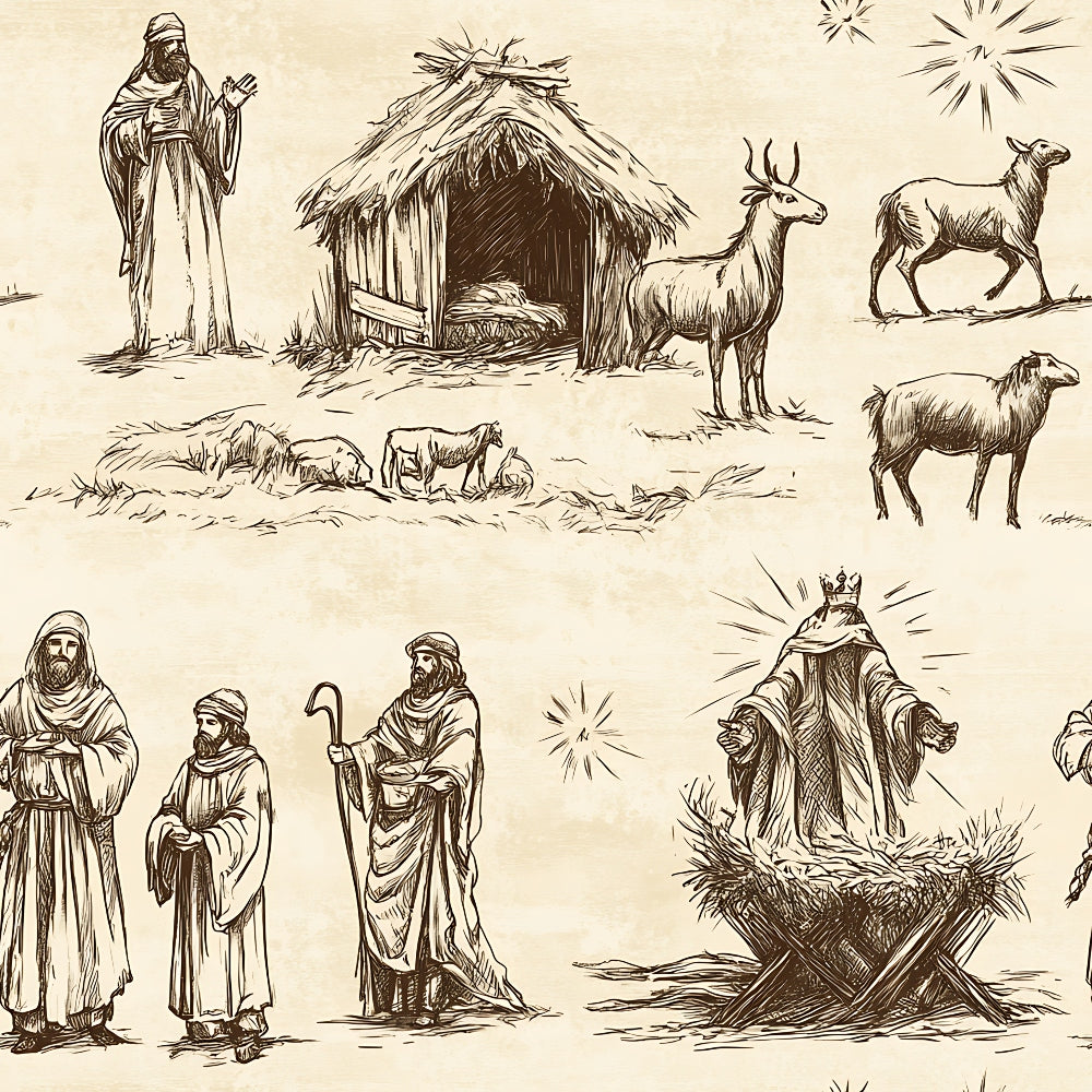vintage nativity, quilting cotton, fabric panel, beige background, sepia tones, biblical scenes, shepherds, wise men, manger scene, baby jesus, farm animals, sheep, donkey, star of bethlehem, religious imagery, christmas theme, sketch style, line drawings, pastoral setting, holiday fabric