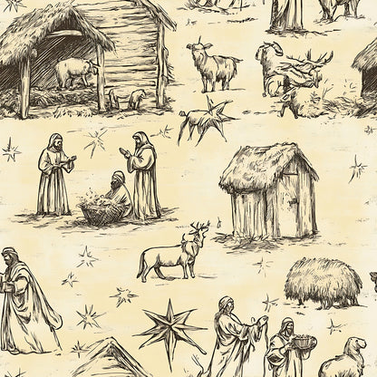 Sketch-style illustrations depict a nativity scene with figures, animals, shepherds, and stars on a beige background.