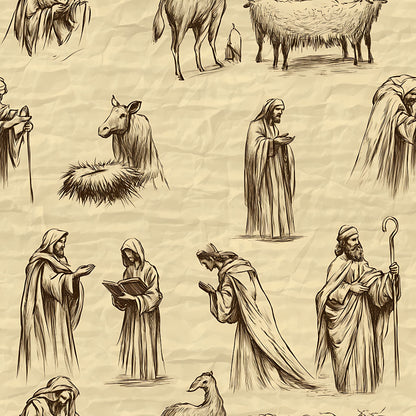 Sketch of biblical scenes featuring robed figures, animals like camels and sheep, on a textured beige background.