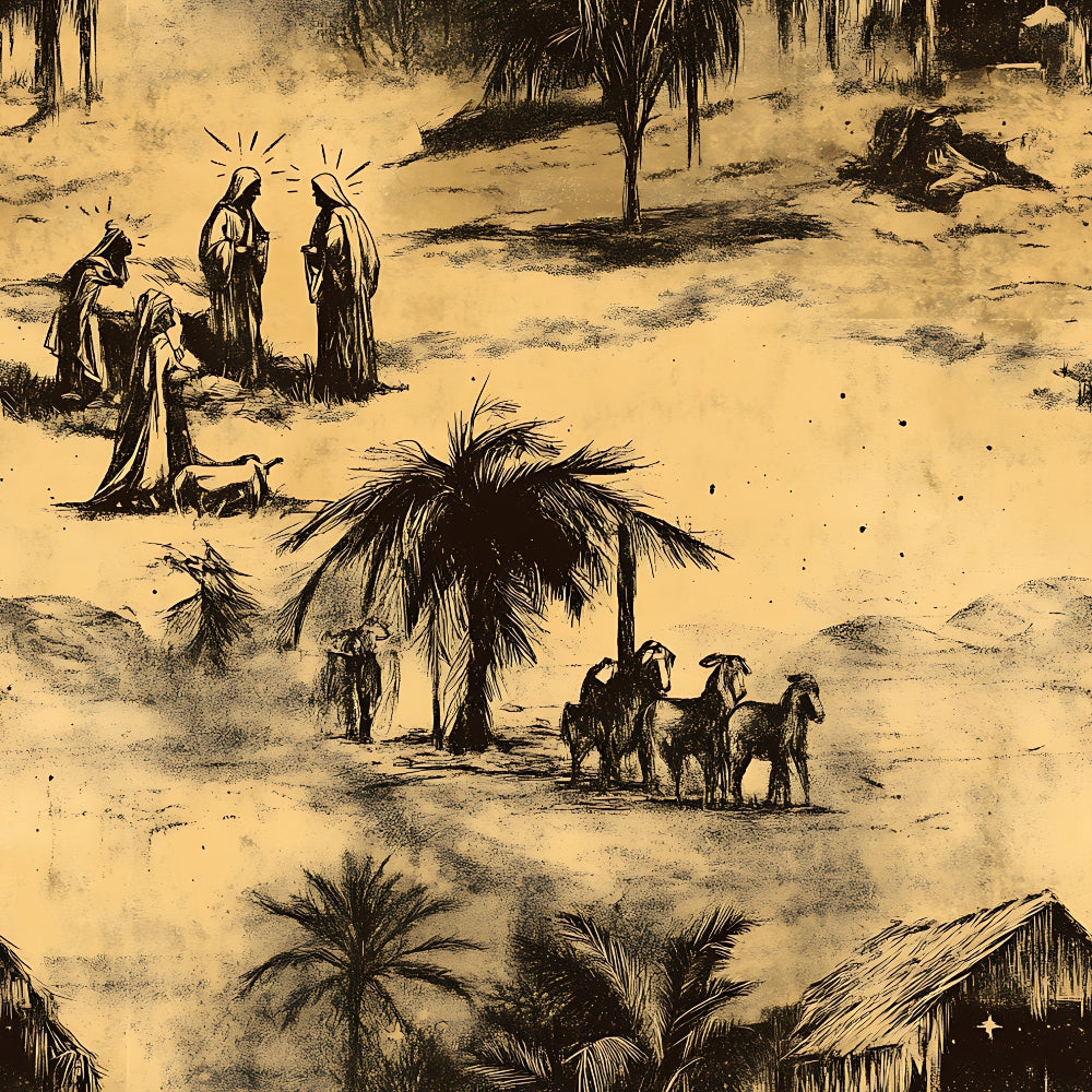 Sketch of a biblical scene with figures in robes, palm trees, huts, and camels on a desert-like landscape.