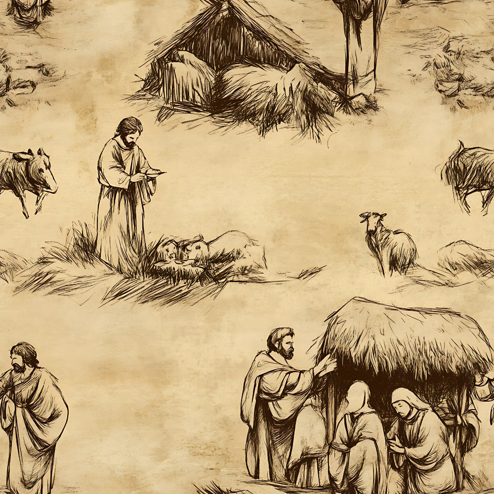 beige, tan, brown, sepia toned, nativity scene, religious imagery, biblical figures, mary, joseph, baby jesus, manger, shepherds, sheep, palm trees, stable, vintage illustration, sketch style, christmas theme, quilting cotton, fabric panel, pastoral setting