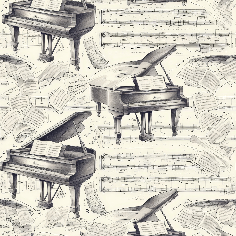 Illustration of grand pianos surrounded by scattered sheets of music on a patterned background with musical notes.