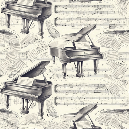 Illustration of grand pianos surrounded by scattered sheets of music on a patterned background with musical notes.