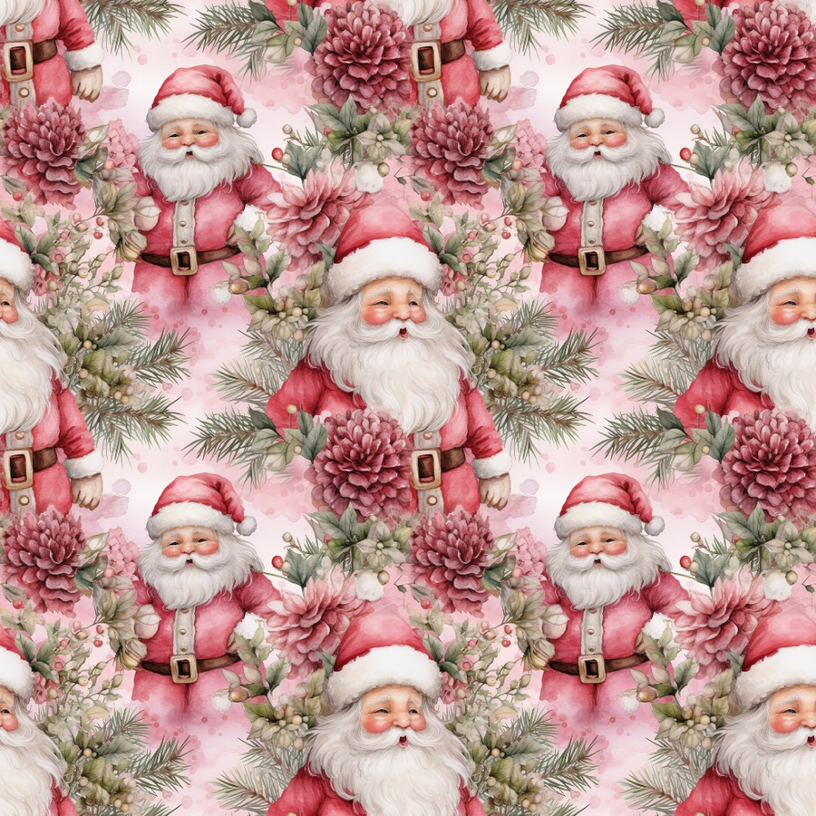 vintage pink, coral pink, dusty rose, santa claus, christmas pattern, floral elements, pine branches, evergreen sprigs, watercolor style, repeating pattern, quilting cotton, fabric panel, holiday theme, winter florals, soft pastels, christmas motifs, botanical design, festive pattern, cottage core aesthetic