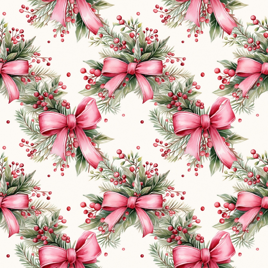 Seamless pattern of pink bows with greenery and red berries on a light background.