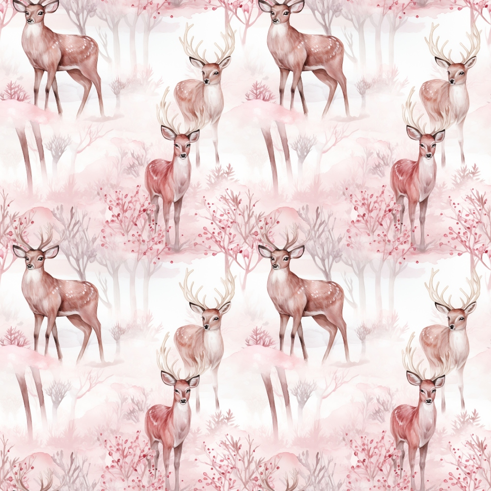 Seamless pattern of deer in a pink-toned woodland setting, with trees and bushes surrounding them.