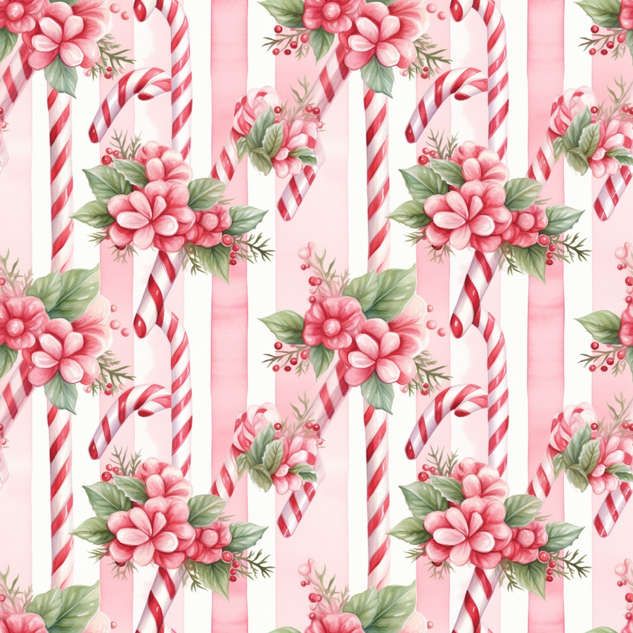 Pattern of candy canes, pink flowers, and green leaves on a light pink striped background.